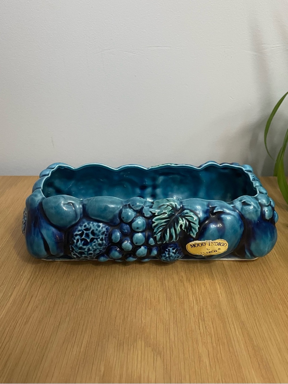 Vintage Mood Indigo Incarco Ceramic Blue Fruit Rectangular Planter Japan